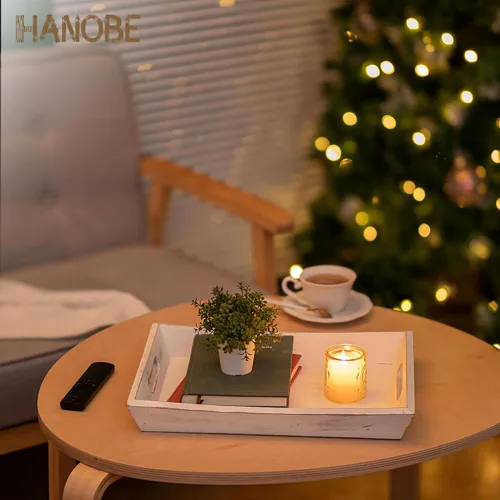Miniatura 4 de Hanobe Bandeja decorativa de madera para servir: bandejas otomanas de madera rústica para mesa de café, bandeja rectangular con asas para sala