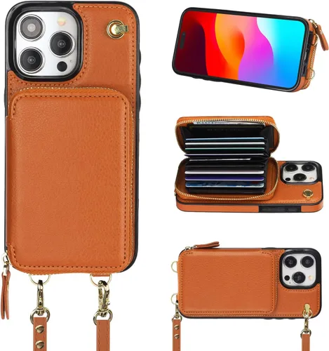 Miniatura 13 de Bocasal Funda tipo cartera cruzada para iPhone 15 Pro Max, funda de piel con bloqueo RFID y soporte para tarjetas, funda protectora con cremallera