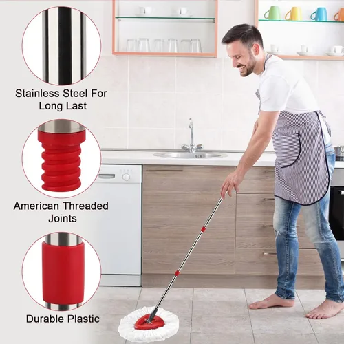 Miniatura 6 de Cabezal de repuesto para trapeador giratorio con 1 base giratoria y 1 mango. Recambios de fregona EasyWring compatibles con SpinMop triangular