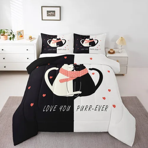 Miniatura 26 de Juego de edredón de San Valentín para parejas, juegos de ropa de cama rojo y blanco para niños, niñas, adolescentes, con texto en inglés "I Love