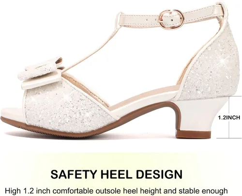 Miniatura 7 de PANDANINJIA Sally Girls Heels, Girls Dress Shoes Pump T Strap Open Toe Bow Rhinestone Girls Sandals for Toddler Little Kid Big Kid