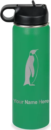 Miniatura 38 de LaserGram Botella de agua personalizada, pingüino, acero inoxidable de doble pared aislada al vacío con popote superior, regalo grabado