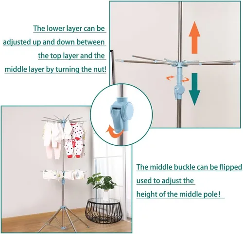 Miniatura 8 de Hershii Estante de secado de ropa plegable de 2 niveles para interiores y exteriores, soporte plegable para colgar ropa, ahorro de espacio