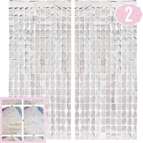 xo, Fetti Cortina cuadrada iridiscente plateada para decoración de fiesta, juego de 2 | Nochevieja 2023, telón de fondo de despedida de soltera,