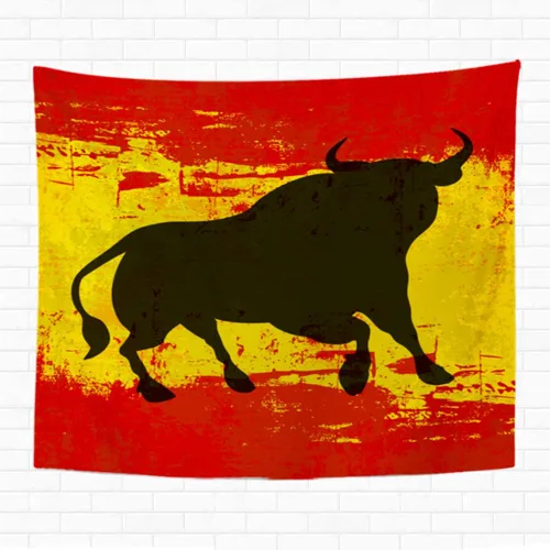 Tapiz de 50 x 60 pulgadas para colgar en la pared, diseño de toro español rojo sobre bandera de España, tapiz decorativo amarillo para el hogar,