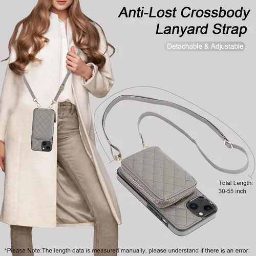 Miniatura 6 de Bocasal Funda tipo cartera con bandolera para iPhone 13, de cuero PU con bloqueo RFID, con cierre de cremallera, cartera tipo bolso con función Gris