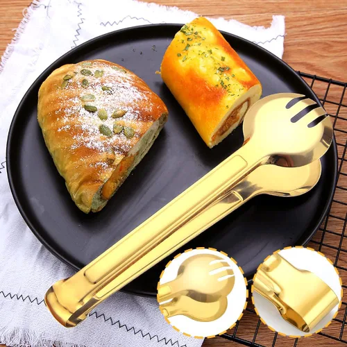 Miniatura 5 de 10 piezas de utensilios de servir de acero inoxidable, cucharas grandes para servir con ranuras, tenedores para servir, pinzas para servir, pinzas