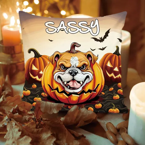 Miniatura 4 de Funda de almohada personalizada de Halloween, diseño de perro Golden Retriever, calabaza, cachorro inteligente, funda de cojín decorativa de lona 34