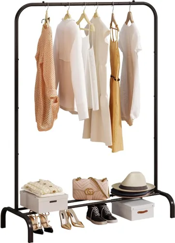 Miniatura 8 de SUOERNUO Perchero con ruedas para ropa, estante para colgar ropa resistente, estante metálico enrollable para dormitorio, armario (Negro)