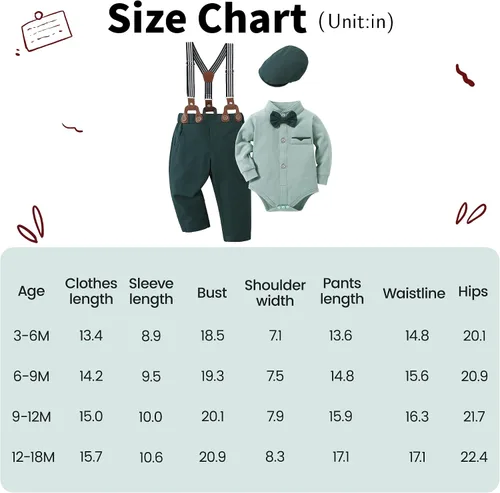 Miniatura 7 de SOLOYEE Ropa para bebé niño trajes de caballero para bebés, vestido de manga larga, pantalones con tirantes, corbatín, boina, sombrero de boina