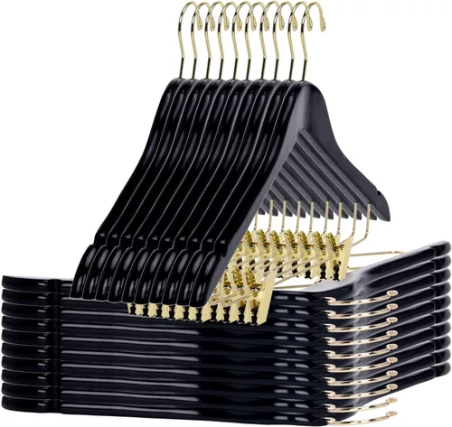 Miniatura 17 de Perchas de madera de calidad para faldas con clips, paquete de 20 perchas de nogal para pantalones con clips de metal dorado ajustables, gancho