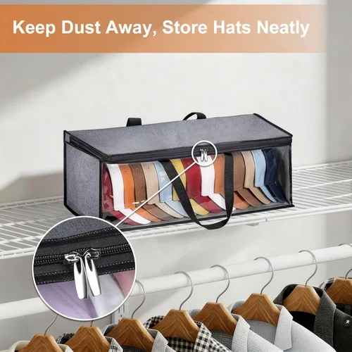 Miniatura 5 de KIMBORA Organizador de 2 piezas de sombreros anchos para gorras de béisbol con 2 asas resistentes, soporte para sombreros, caja de tapa gris