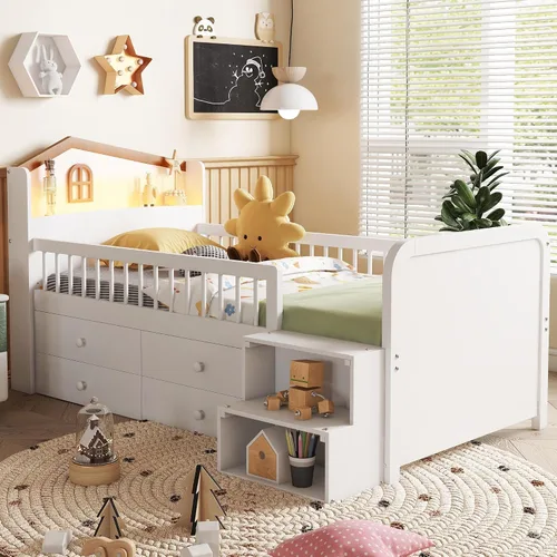 Miniatura 17 de Cama de plataforma de tamaño individual con cabecera de almacenamiento y luz LED integrada, base de cama de plataforma de madera con barandilla