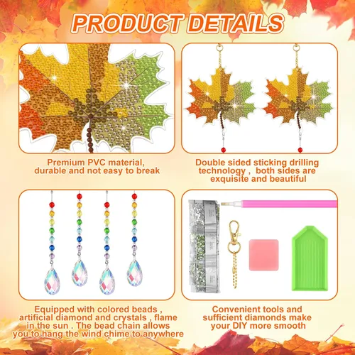 Miniatura 3 de Yeaqee Juego de 6 llaveros de arte de diamantes de otoño para adultos, hojas de arce, pintura de diamante, campanillas de viento de doble cara 5D