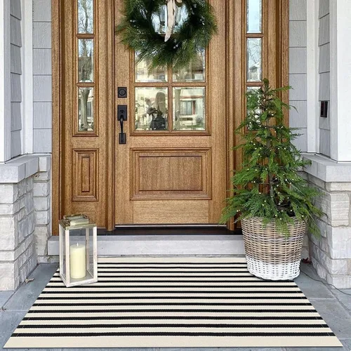 Miniatura 14 de KOZYFLY Alfombra a rayas blancas y negras de 2 x 3 pies, tejido de algodón, lavable, para interiores y exteriores, alfombra pequeña para puerta