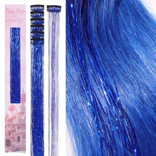 Miniatura 56 de Wennalife 12 piezas de extensiones de cabello azul con clip, extensiones de cabello con clip de colores para niños, pinzas de cabello arcoíris