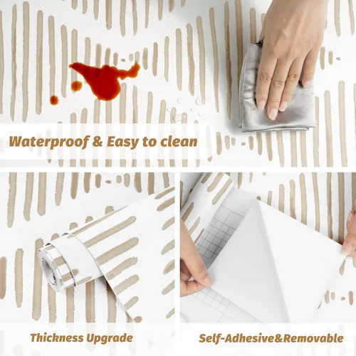 Miniatura 4 de WENMER Papel tapiz geométrico para despegar y pegar de 17.3 x 1181 pulgadas, papel tapiz a rayas beige y blanco, papel de contacto geométrico