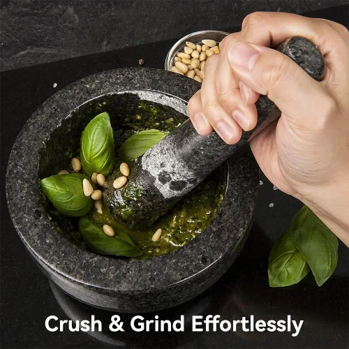 Miniatura 5 de Mortero de granito negro grande Kota Japón y maja de piedra natural amoladora de especias, condimentos, pastas, pestos y guacamole