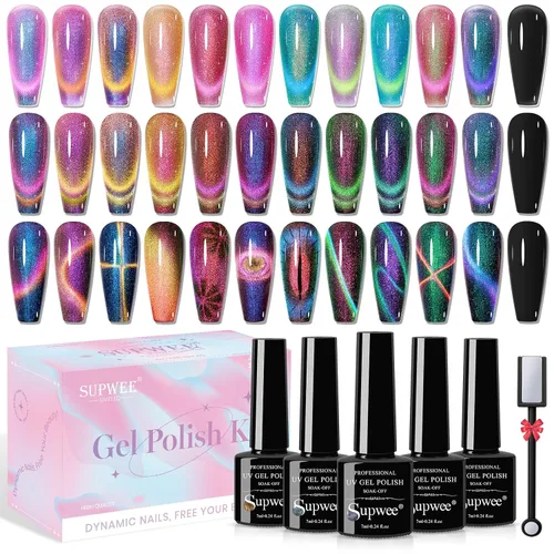 Miniatura 13 de Esmalte de uñas de gel reflectante de ojo de gato, brillante holográfico magnético, gel 9D, juego de esmaltes de gel de ojo de gato, 12