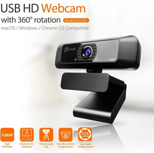Miniatura 2 de j5create Cámara web de transmisión USB - 1080P HD con rotación de 360°, micrófono de alta fidelidad, Plug and Play para PC/Mac/computadora