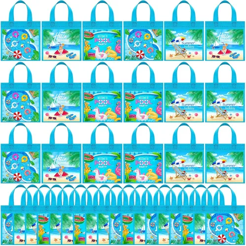 Miniatura 8 de Sweetude 36 bolsas de recuerdo de fiesta en la piscina, 4 diseños de bolsas de regalo de verano con asas, regalo de playa no tejidas para piscina