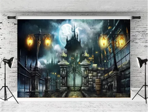 Miniatura 2 de Telón de fondo de Halloween, puerta del castillo, farol de luna, fondo de fotografía, póster de estudio de fotografía, póster de vinilo para fondo