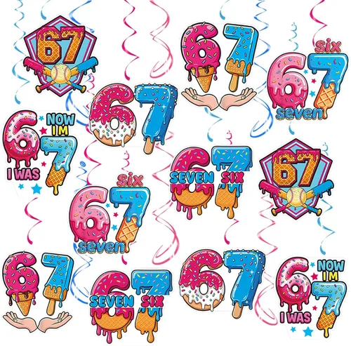 6 7 Birthday Hanging Swirl Decorations, 30Pcs Six Seven Party Ceiling Streamers for 6 7 Meme Ice Cream Birthday Party Supplies