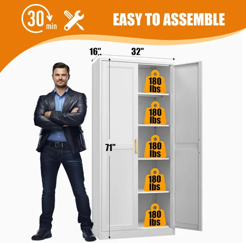 Miniatura 3 de Armario de almacenamiento de metal de 71 pulgadas de alto, armarios de almacenamiento de despensa de cocina con puertas y 4 estantes, armario