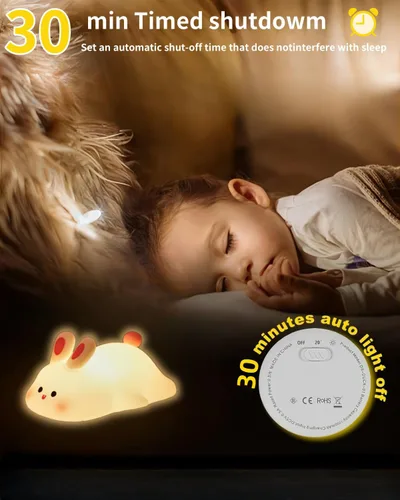 Miniatura 3 de Luz nocturna de conejo de cara grande para niños, lámpara de conejo de silicona blanda con control táctil, 3 niveles de brillo, temporizador