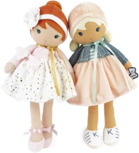Miniatura 4 de Kaloo Tendresse My First Fabric Doll Chloe K - Figura de felpa suave mediana de 9.75 pulgadas en vestido de melocotón y rayas, chaqueta de mezclilla