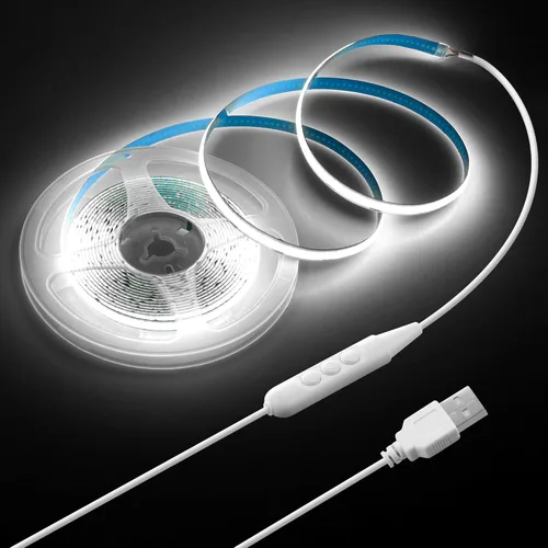 Tira de luz LED COB USB de 5 V, regulable, luz blanca de alta densidad para TV de 16.4 pies, 6000 K, 320 LEDs/M, tira de luces LED flexibles