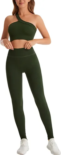 Yknktstc Conjuntos de entrenamiento para mujer brasier deportivo acanalado sin costuras traje de 2 piezas cintura alta gimnasio yoga leggings