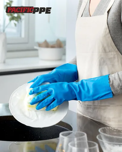 Miniatura 6 de PACIFIC PPE 4 pares de guantes de limpieza reutilizables para lavavajillas, hogar, cocina, forro de algodón, azul, talla S