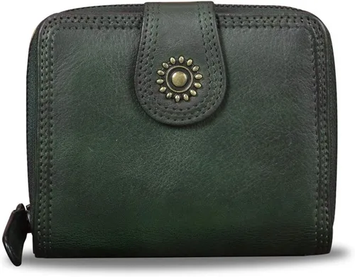 Miniatura 2 de Billeteras de cuero plegables para mujer, estilo vintage, hechas a mano, pequeño, con cremallera, Verdeoscuro, Billetera plegable