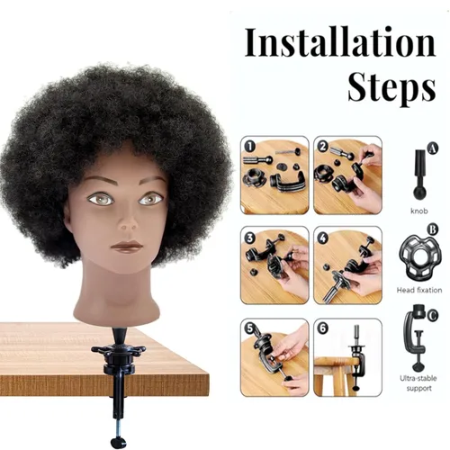Miniatura 4 de Cabeza de maniquí afro rizado 100% cabello humano real, (10 pulgadas) negro para trenzado manual, práctica de peinado, peluquería, escuela, maniquí