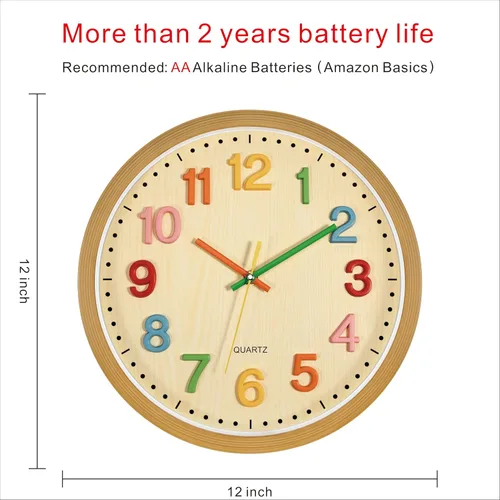 Miniatura 2 de Foxtop Reloj de pared silencioso para niños, funciona con pilas, sin tictac, reloj colorido para niños, para aula, sala de juegos, habitación