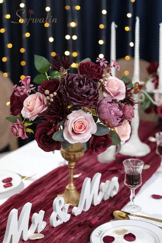 Miniatura 8 de Serwalin Flores artificiales de color borgoña, rosas artificiales de seda rosas en color rosa falso para ramos de boda, centros de mesa y arreglos