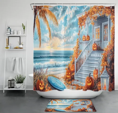 Miniatura 27 de LB Cortina de ducha de feliz Halloween para baño, flamenco rosa y calabaza naranja con sombrero mágico, cortina de ducha de tela con ganchos, juego