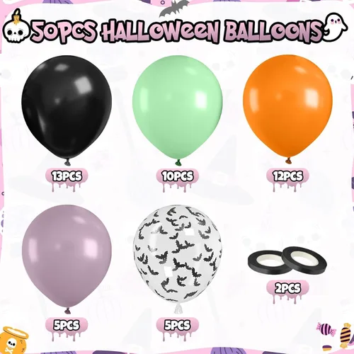 Miniatura 2 de 50 globos de Halloween, globos de 12 pulgadas, globos morados negros y anaranjados de 12 pulgadas, globos de confeti de murciélago, globos de látex