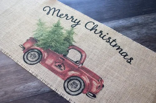 Miniatura 4 de Camino de mesa vintage de arpillera con diseño de camión rojo feliz Navidad