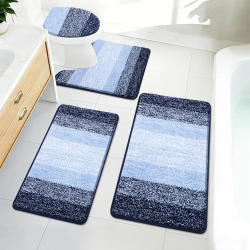 Miniatura 33 de Bsmathom Juego de 4 alfombras de baño, alfombras de baño de microfibra suave y absorbente con alfombra de contorno en forma de U para inodoro y Azul