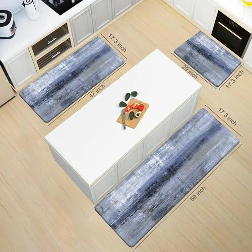 Miniatura 8 de MAYHMYO Juego de 2 tapetes de cocina antifatiga, diseño de mármol y azul, alfombrillas acolchadas y antideslizantes