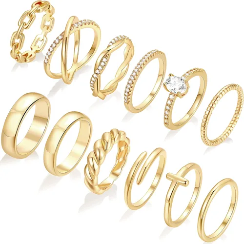 FAXHION 12 piezas de anillos delicados de oro de 14 quilates para mujer, diseños cruzados de diamante simulado con giro grueso abierto de eternidad,