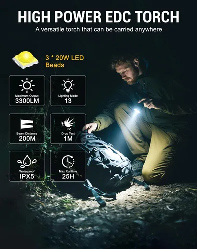 Miniatura 2 de Linterna EDC recargable, linterna de bolsillo brillante de 3300 lúmenes, mini linternas con carcasa luminosa y magnética, linternas impermeables