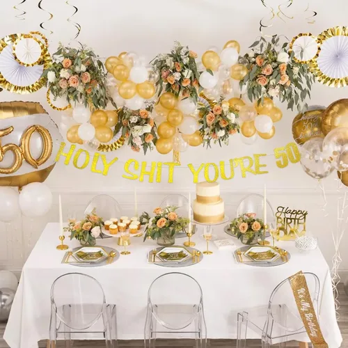 Miniatura 5 de Cartel de Holy Shit You're 50, pancarta de cumpleaños 50, decoración de fiesta de cumpleaños con purpurina dorada para hombre y mujer, divertidos