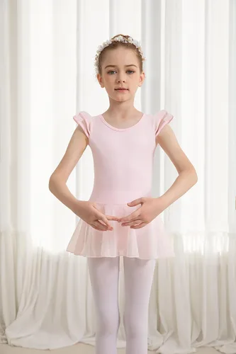 Miniatura 2 de Tegmk Leotardo de ballet con mangas con volantes para niñas con falda de malla, espalda hueca con caída de agua