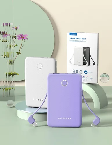 Miniatura 5 de Banco de energía ultra delgado de 6000 mAh, batería externa de 3 salidas compatible con iPhone, 2 unidades, color blanco y morado Paquete de 2 6000