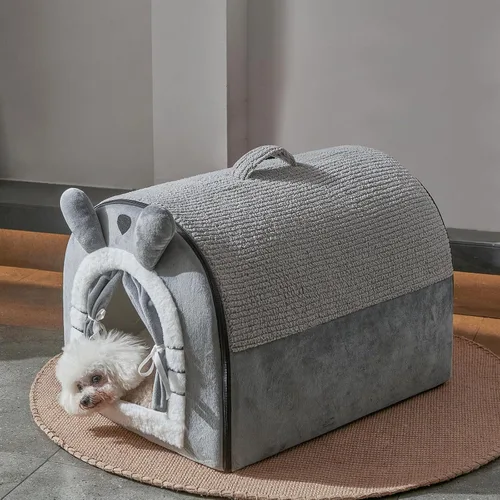 Miniatura 8 de Jiupety Casas para gatos de interior, cama cueva con diseño de cortina de puerta, bonitas camas portátiles con cojín reversible lavable, tamaño S