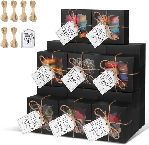 KPOSIYA 60 cajas de panadería negras con ventana, cajas individuales de 4 x 4 x 2.5 pulgadas, caja de regalo de papel kraft negro para pasteles,