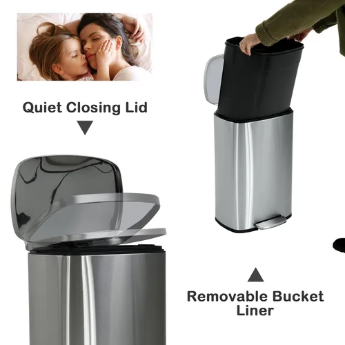 Miniatura 3 de Cubo de basura de acero inoxidable de 13 galones con cubo interior extraíble y tapa silenciosa, cubo de basura para oficina, cocina, papelera, cubo